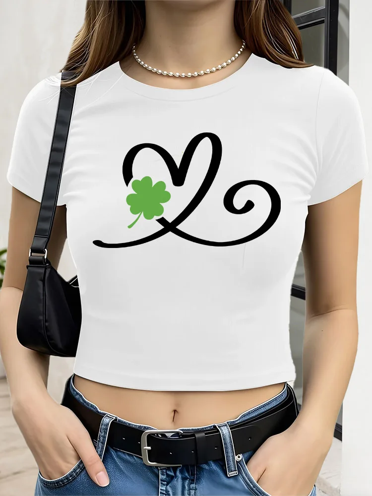 Coração trevo feminino gráfico colheita topo fino ajuste manga curta camiseta casual streetwear camiseta para primavera verão
