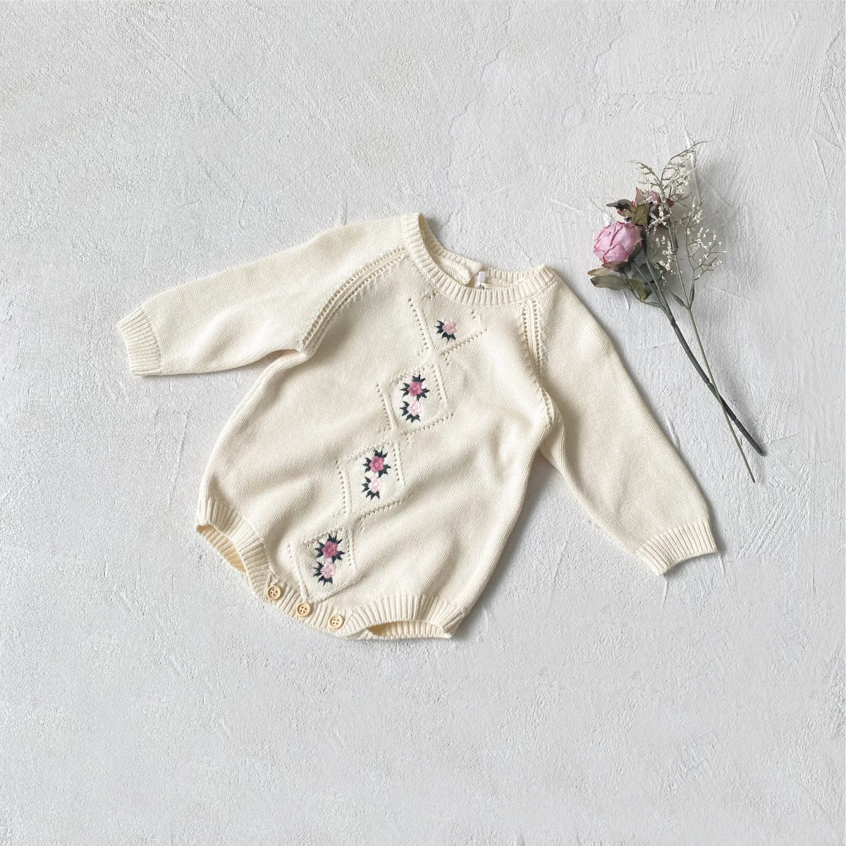 2024 Winter New Baby Long Sleeve Knitted Bodysuit Infant Girl Flower Embroidery Sweater Jumpsuit Newborn Toddler Clothes 0-24M