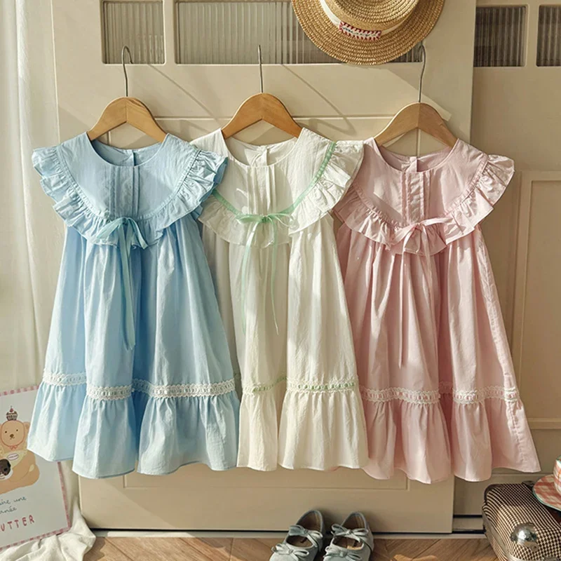 2026 New Summer 2-7Yrs Baby Girl Birthday Party Dress Sleeveless Cotton Solid Color Kids Princess Dresses Sister Clothing