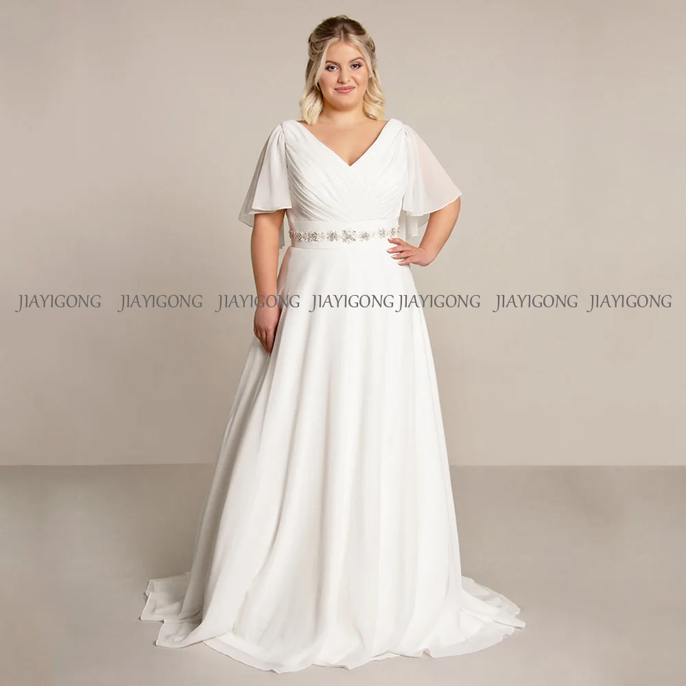 Jiayigong A Line Wedding Dress V Neck Batwing Sleeve Ruched Pleat Back Zipper Up Chiffon Bridal Gown Plus Size Vestido Noiva