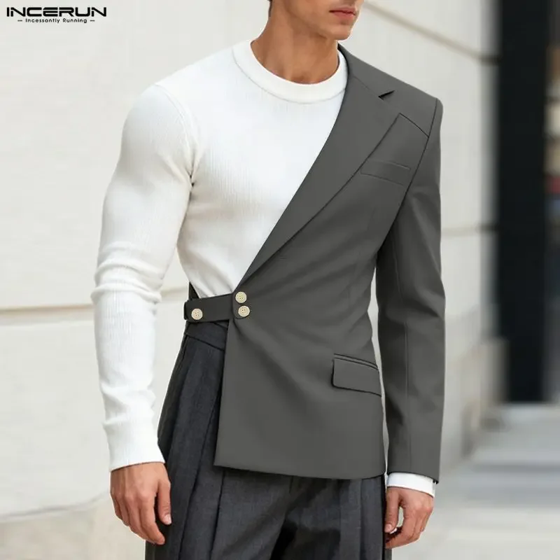 INCERUN Men Irregular Blazer Solid Color Lapel Long Sleeve Casual Male Suit Streetwear Loose Personality Fashion Thin Coats Men
