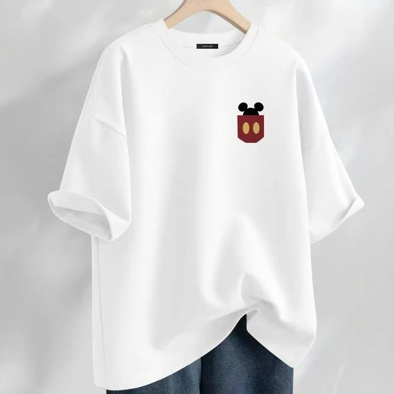 

Летняя футболка с короткими рукавами и принтом Микки Мауса, 100% хлопок, унисекс, мягкая дышащая повседневная одежда с круглым вырезом для мужчин и женщин