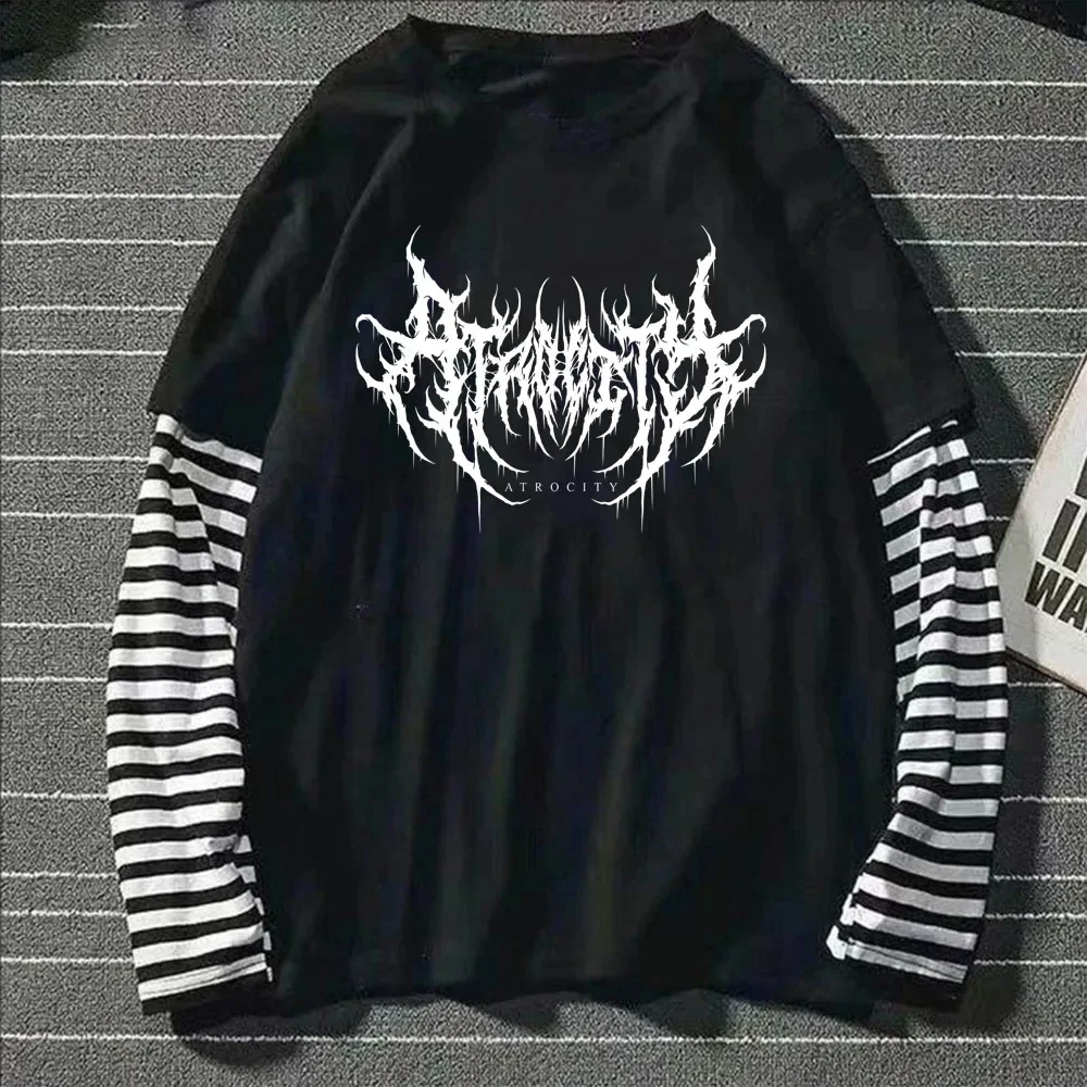 Retro Atrocity Print Graphic Fake Two Long Sleeved T-shirts Summer Women Gothic Retro Casual Loose Fake Two Long Sleeved T Shirt