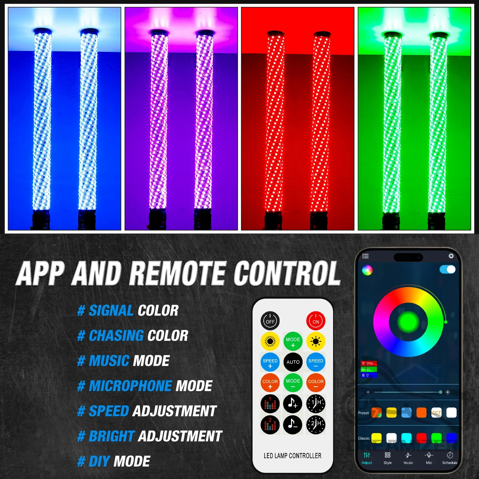 2 قطعة 1FT LED أضواء السوط ، بلوتوث/APP التحكم عن بعد سارية العلم هوائي السياط ل UTV ATV على الطرق الوعرة شاحنة الرمال عربات التي تجرها الدواب الكثبان الرملية RZR