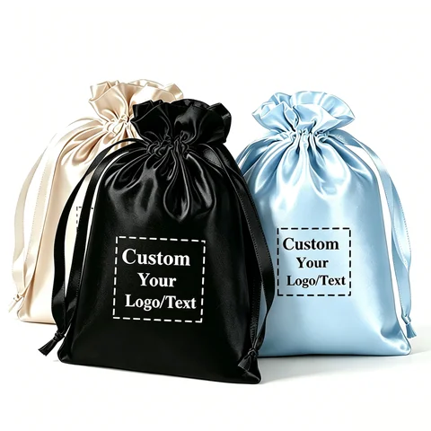 20/50Pcs Custom Logo Satin Drawstring Pouches Personalized Ribbon Gift Bags for Wedding Birthday Candy Packaging Storage Bags