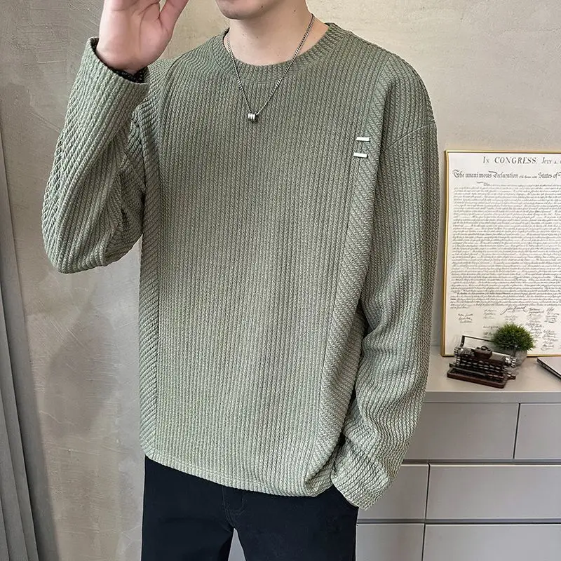 

Basic Solid Color Loose Pullovers Men's Clothing Casual Round Neck Spring Autumn Long Sleeve Commute Fashion Spliced T-shirts