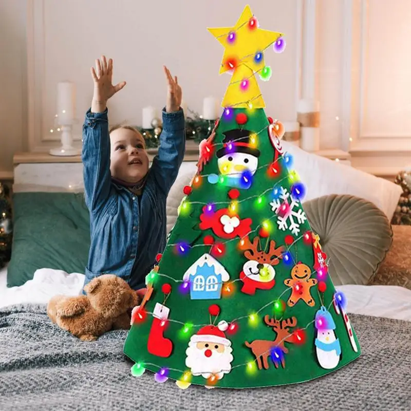 3D Felt Christmas Tree 60CM Christmas Tree Set LED String Light With 16 Detachable Ornaments Christmas Party Supplies For Kids