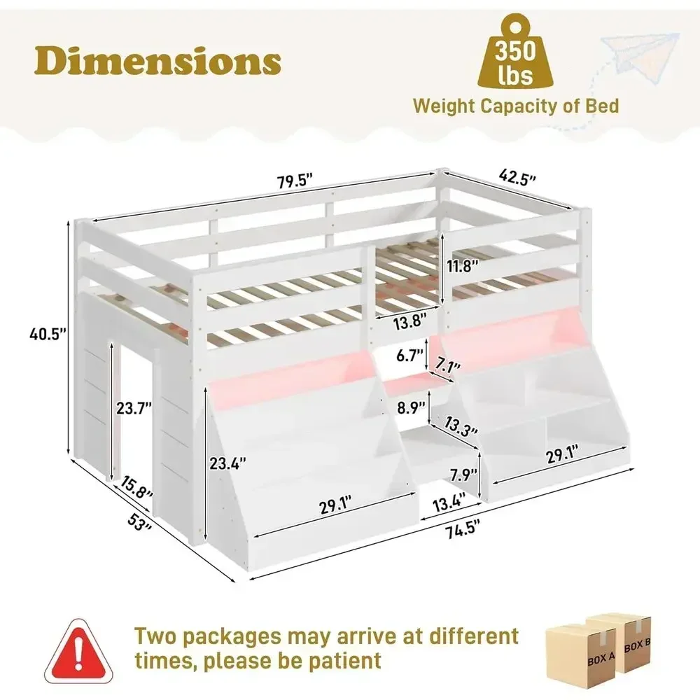 Twin Size Low Loft Bed with LED Lights, Stairs, Bookcase, Safety Rail, and Play Space Underneath, White