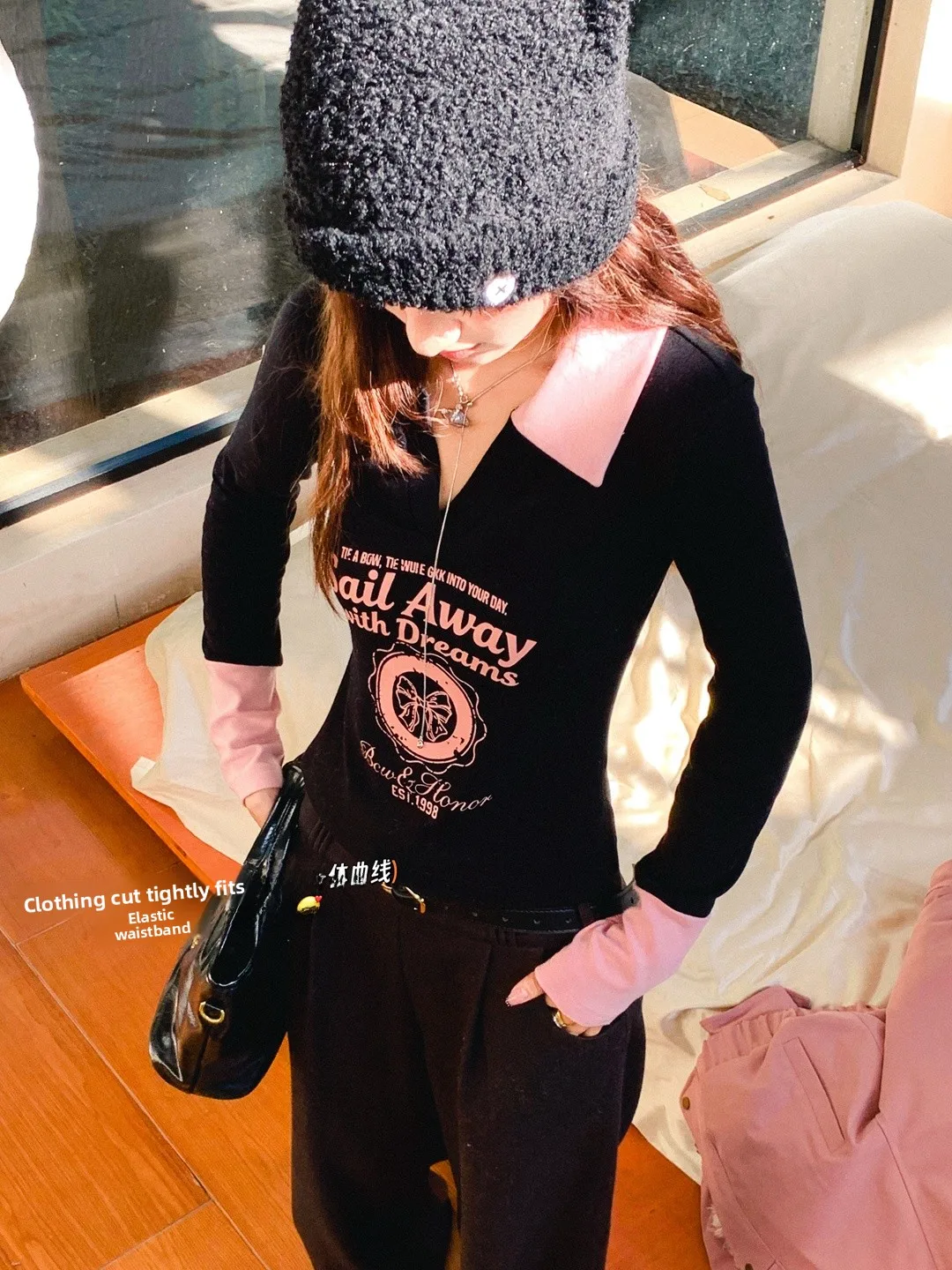 

Gula Liangpin Slim Fit Vintage Patchwork Asymmetrical Long Sve irt Versatile Color Blo T-irt for Women