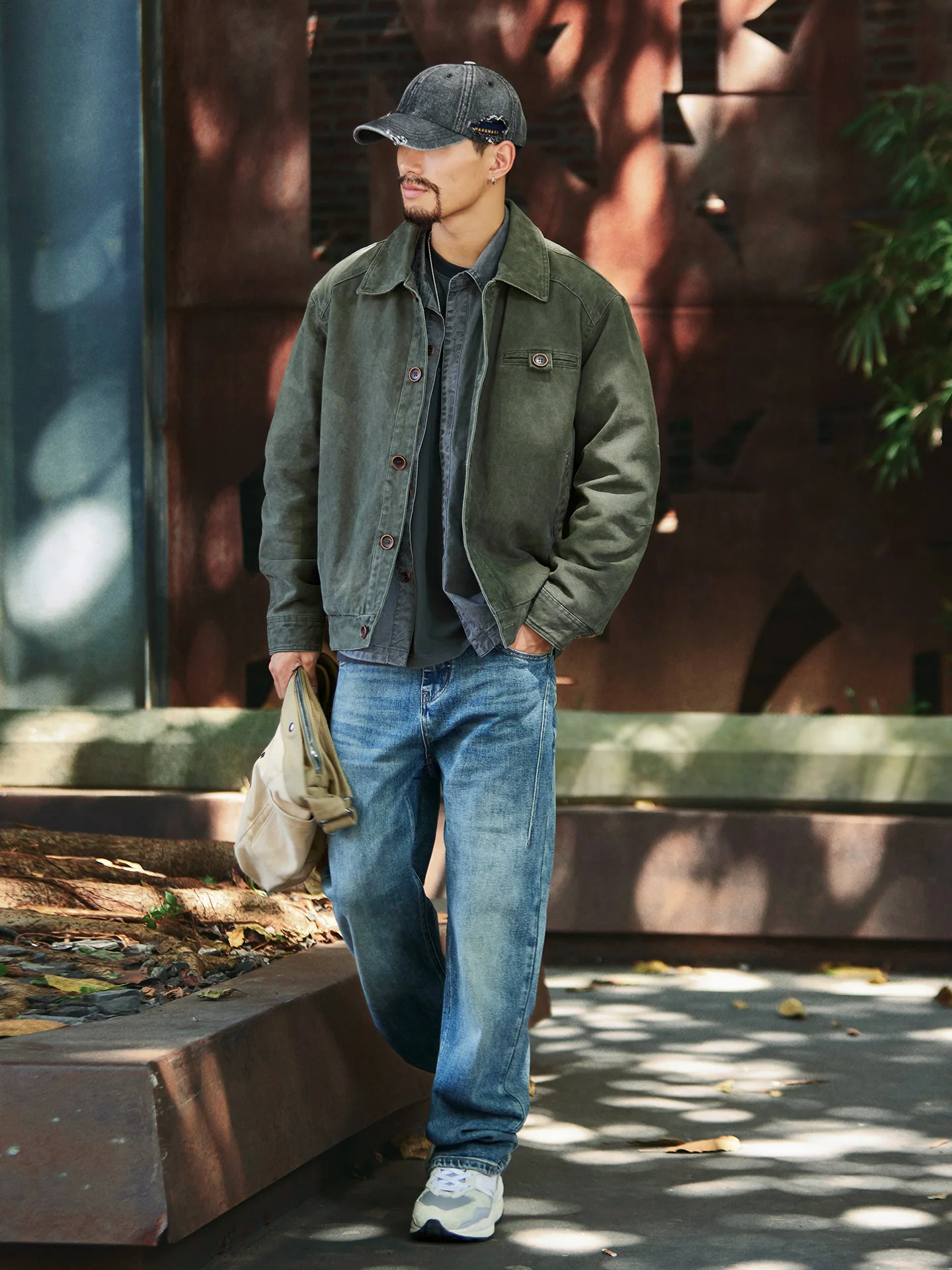 Retro Washed Cotton Work Jacket Men's Loose Fit Green Casual Outerwear Spring Autumn Trendy Youth Style Button Closure
