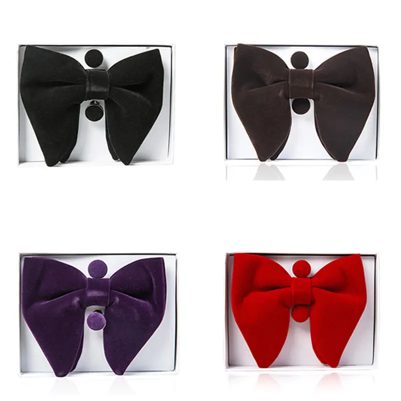 Velvet Big Bow Tie Men\'s Bowties Pocket Square Cufflinks Set Solid Red Blue Handkerchief Bow Tie Set With Box Gift Velvet Bowtie