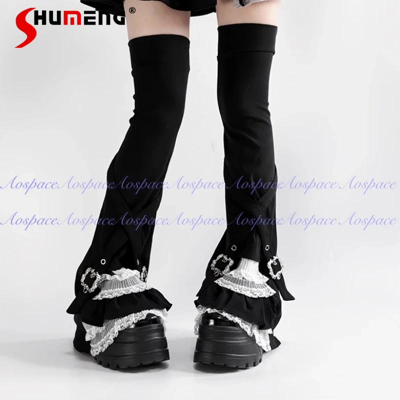 

Женские носки, японские оригинальные однотонные чулочно-носочные изделия Rojita, субкультура, многослойная кружевная отделка, расклешенные гетры выше колена