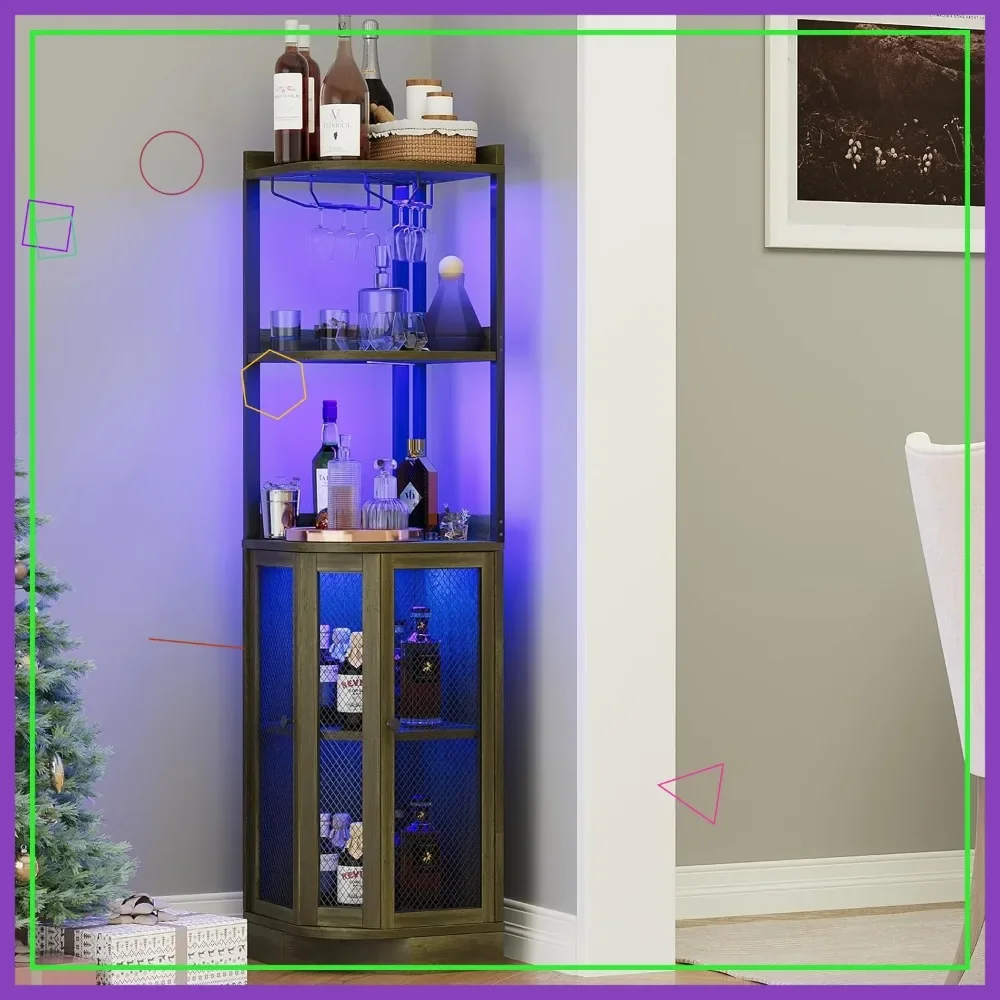 

65" Corner Bar Cabinet with LED Lights & Power Outlet, 5-Tier Wine Display Storage for Home Bar