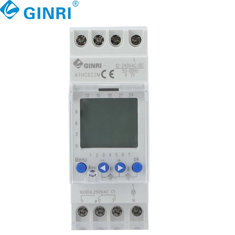 

ATHC622M 2-канальный 12-240 В переменного тока/постоянного тока, цифровая прозрачная крышка, DIN-рейка, еженедельные программируемые переключатели времени