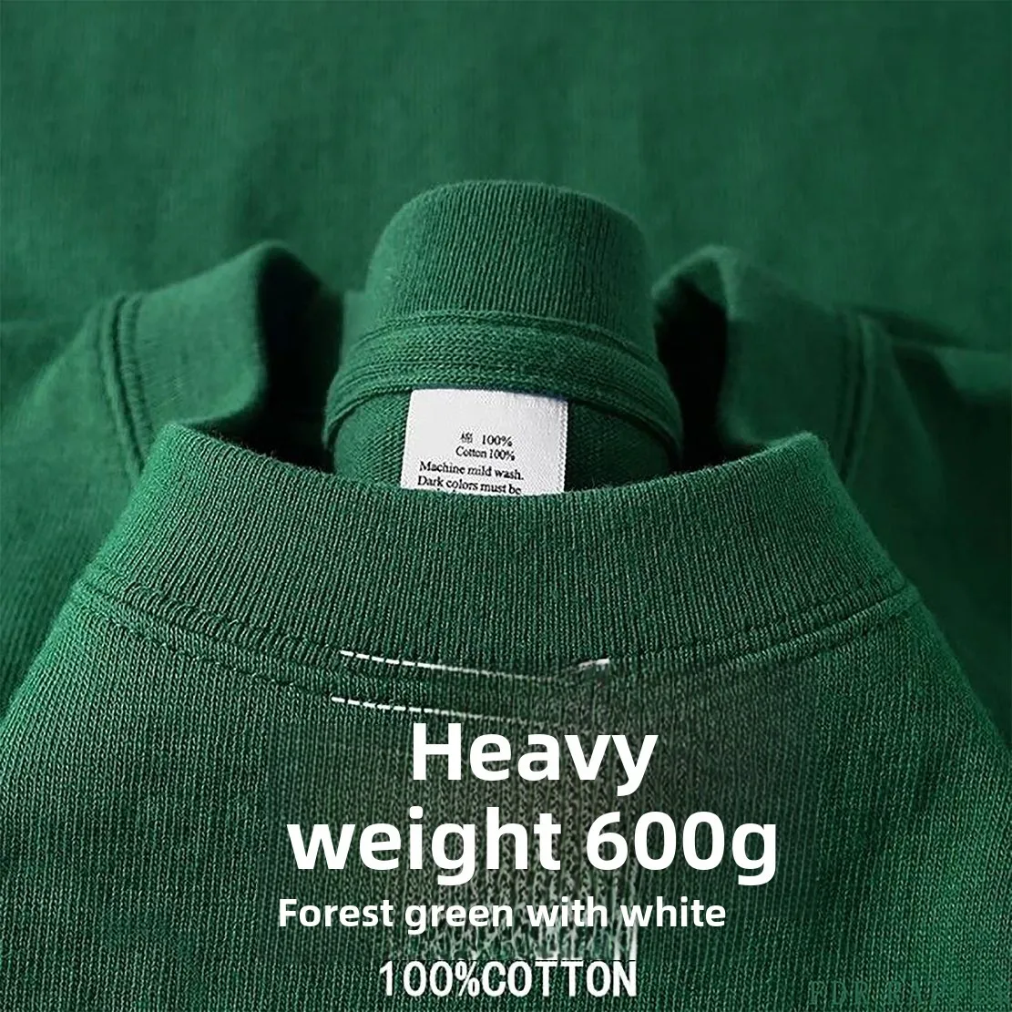 600G/㎡ Long-sleeved T-shirt Men's American Bundle Bottoming Shirt with Small Neckline Loose Pure Cotton Green Autumn Top Men's