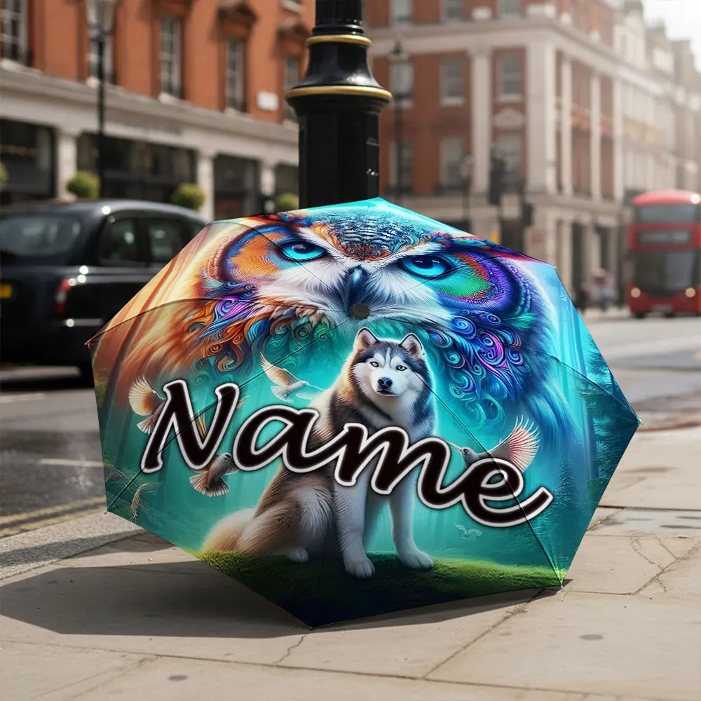 Custom Name Umbrella Mystical Owl Husky Forest Fantasy Print Folding Umbrella Compact Portable Travel Parasol For Myth Art Fans