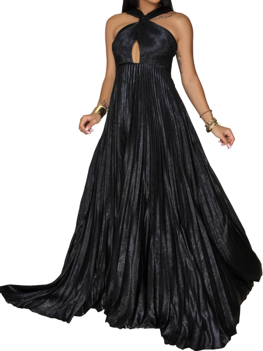 

Sexy Glitter Halter Lace-up Pleated Floor-length Big Swing Party Dress