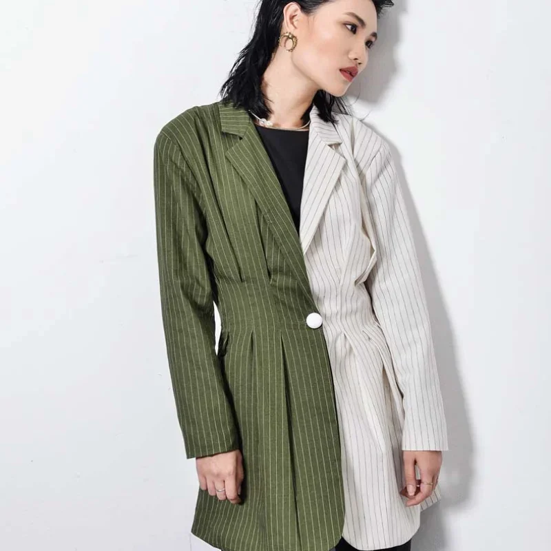 2024 elegante combinazione di colori giacche Midi Blazer donna risvolto a righe nuovo in Outwears donna maniche lunghe abito in cotone donna