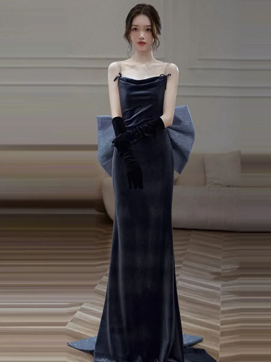 

Ele Velvet Gown with Train Strapl Evening Dr for Women High Waist Zipper Bal Knot Long Skirt Dr