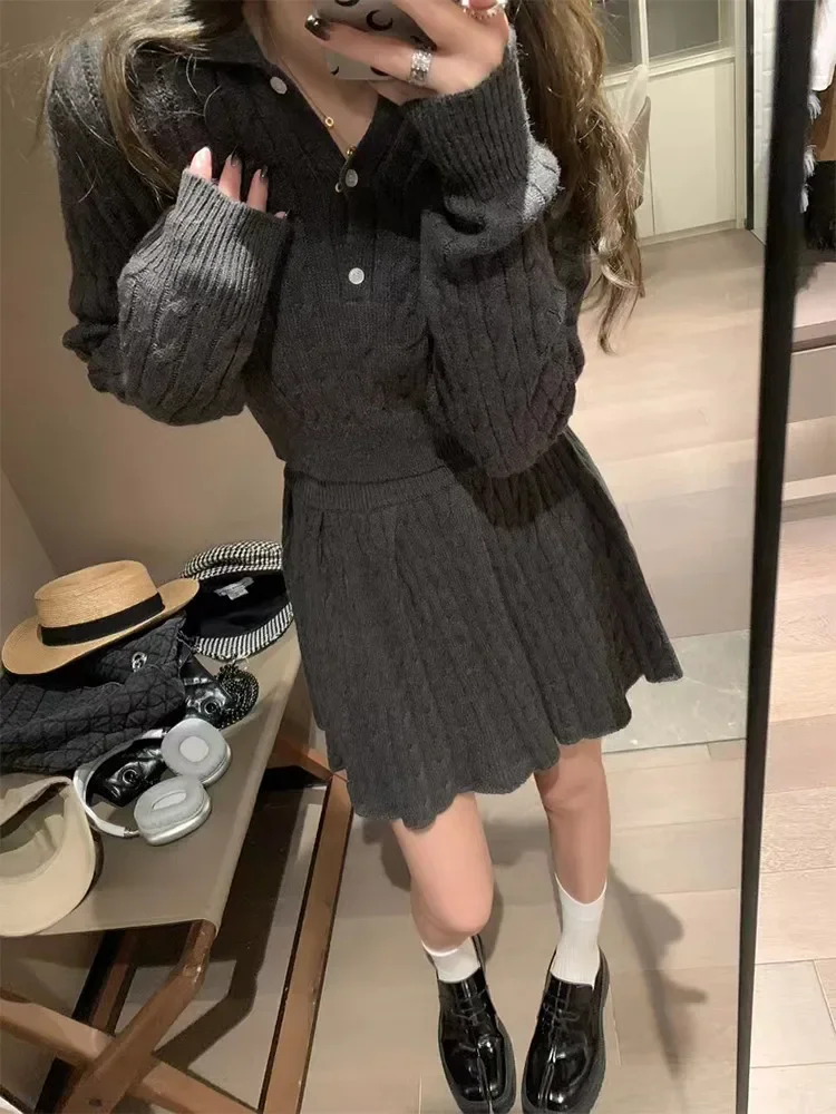 Fashion Grey Apricot Knit 2 Piece Skirt Sets Chic Girl Long Sleeve Twist Short Sweater Jumper&Pleated Mini Skirt 2PC Dress Suits