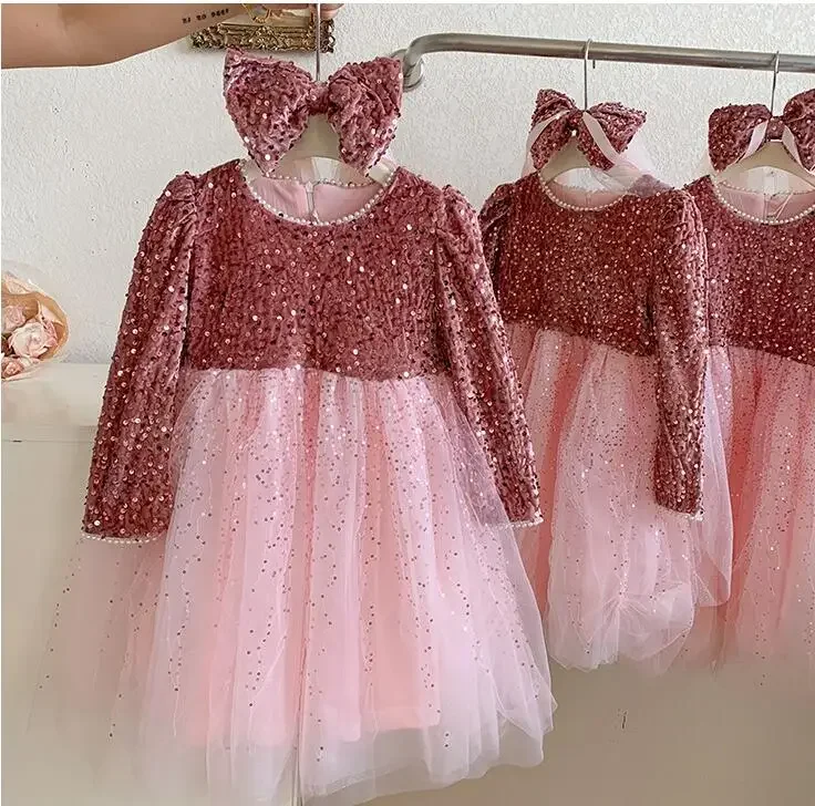 

Новое осеннее бутиковое сетчатое флисовое платье с длинными рукавами и блестками для маленьких девочек, милые праздничные платья принцессы для детей от 4 до 8 лет
