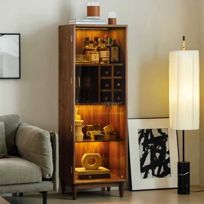 

yj57 Nordic Solid Wood Wine Cabinet North America Black Walnut Wooden Locker Glass Door