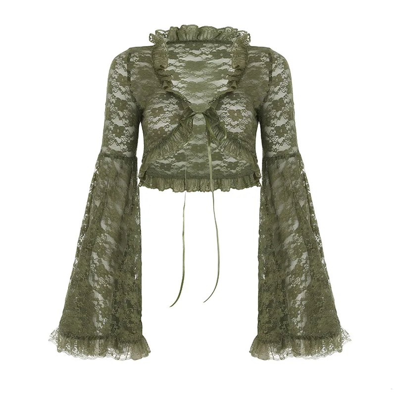 Top corto de encaje transparente Olive Y2K para mujer, blusa gótica con volantes y lazo frontal, Top estético informal para fiesta y discoteca