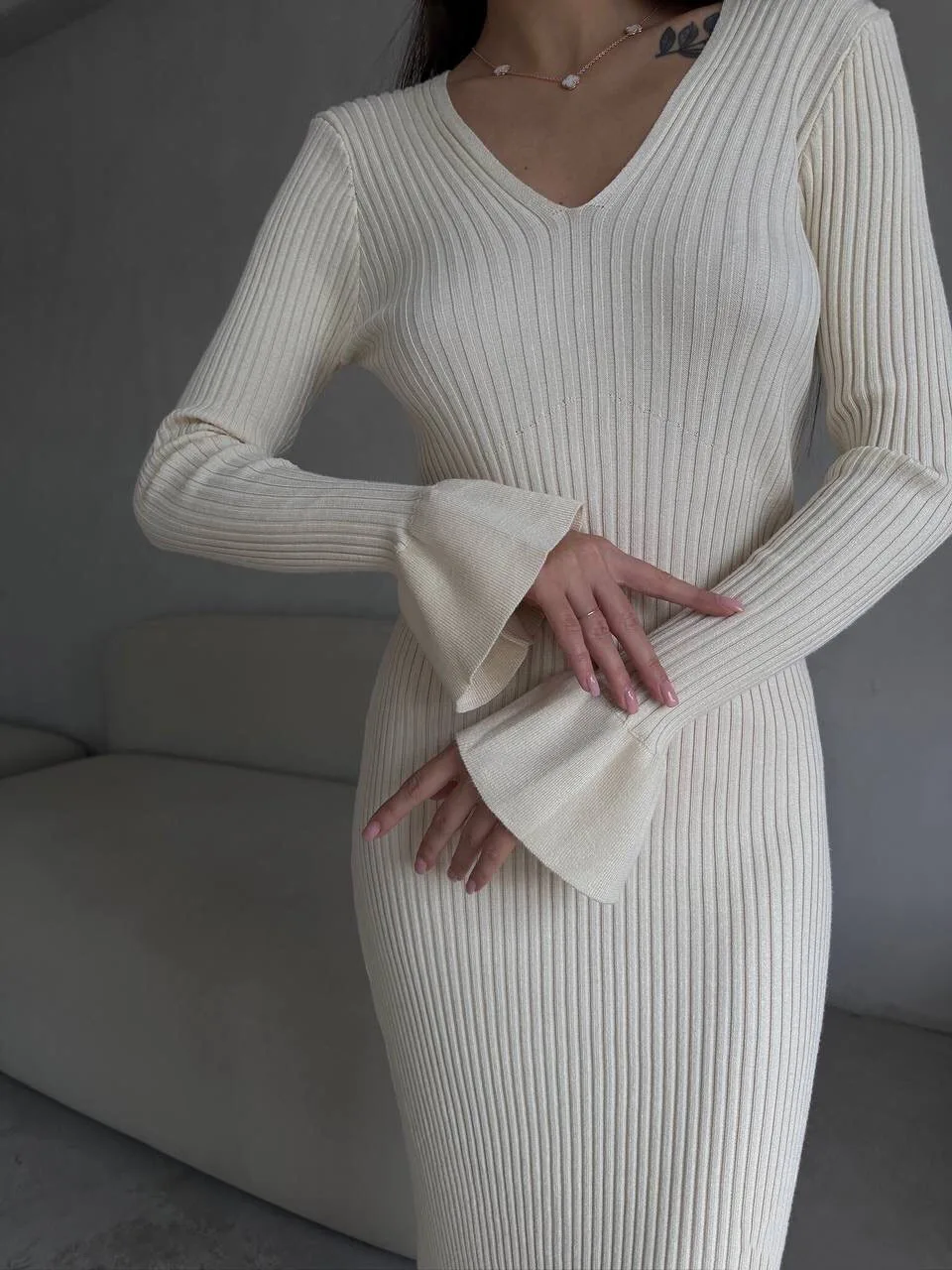 

New Autumn Pit Stripe Knitting Long Dress Solid Color Flare Sleeve Casual Slim V-neck Women Dress Winter Female Clothing