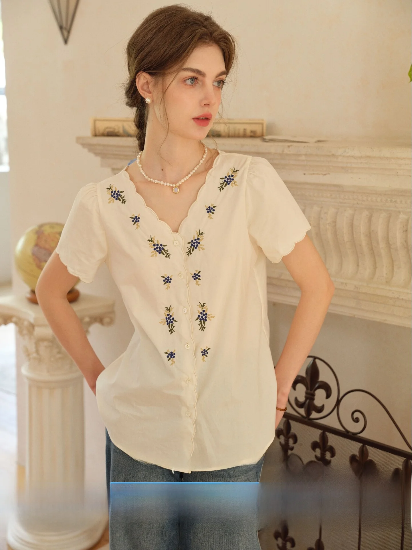 

SimpleRetro Summer Song Pure Cotton Embroidered Short Sleeve V-Neck Women's Shirt Vintage Style Breathable Comfortable Commut...