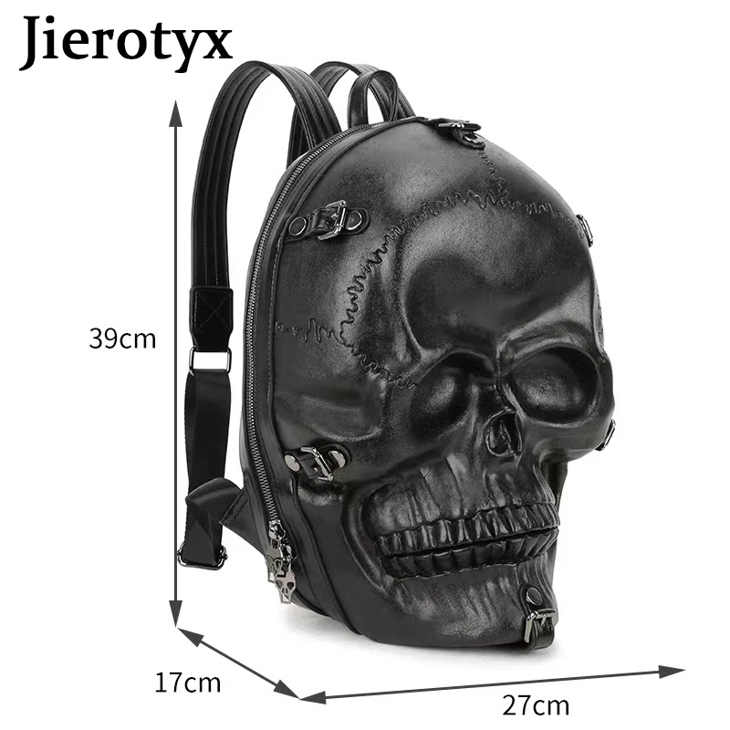 JIEROTYX-mochila gótica con calavera 3D para hombre y mujer, morral de viaje Punk con remaches Vintage, bolsas de ordenador, color negro