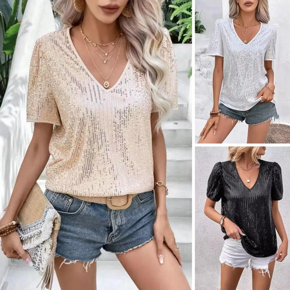 

Women T-shirt V-Neck Short Sleeve T-shirt Tops Sparkling Sequins V-neck Tee for Women Loose Fit Summer Top for Parties Wear