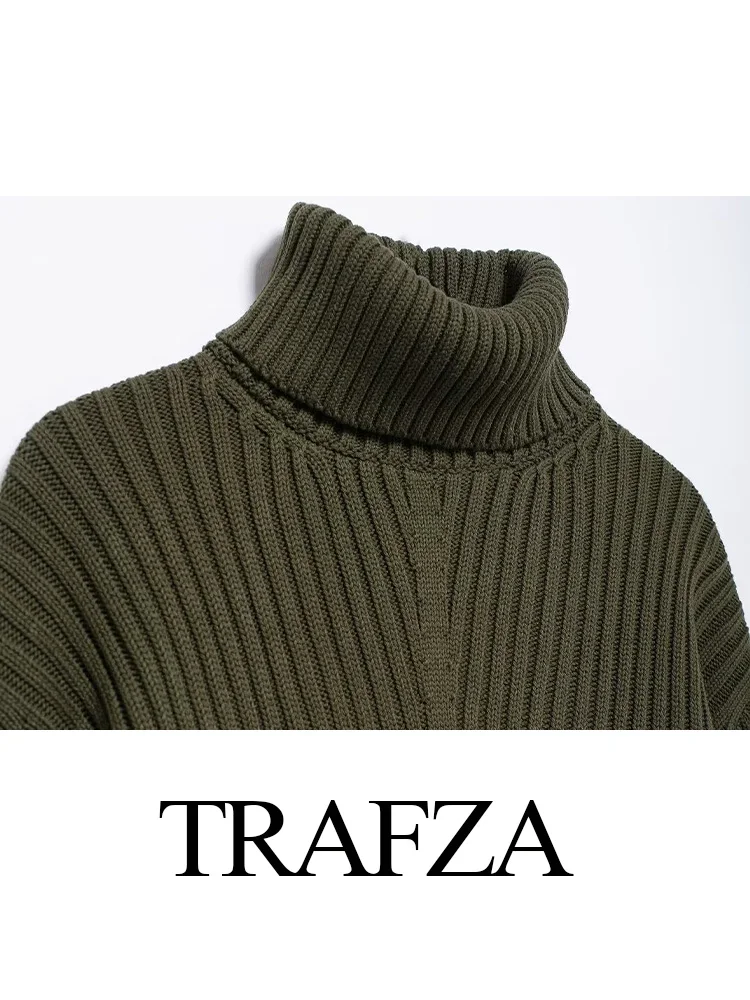 TRAFZA Women Fashion High-necked Sweater Long Sleeve Solid Knitted Pullover Autumn Female Casual Ribbed Short Sweater Mujer