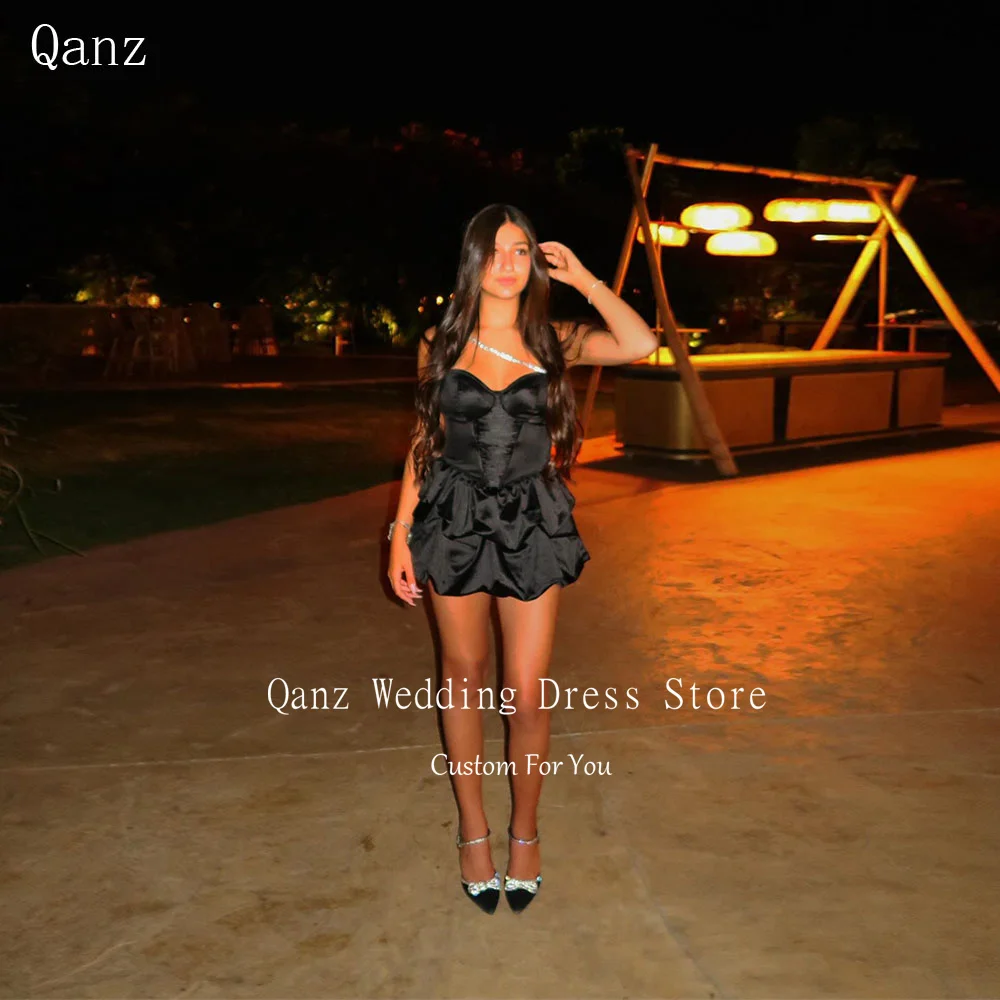 

Qanz Mini Black Satin Prom Dresses Crystal Mini A Line Vestidos Para Mujer Sweetheat Short Puffy Robes De Cocktail Customized