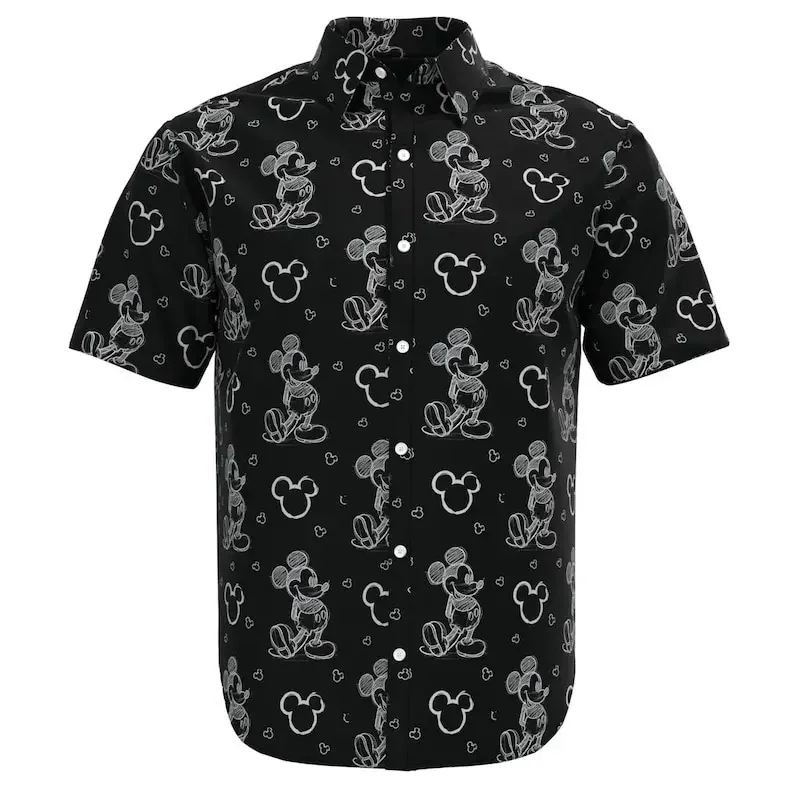 2024 New Disney Mickey Hawaiian Shirt Fashion Mickey Mouse Sketch Doodle Shirt Disneyland Short Sleeve Button Shirt Casual