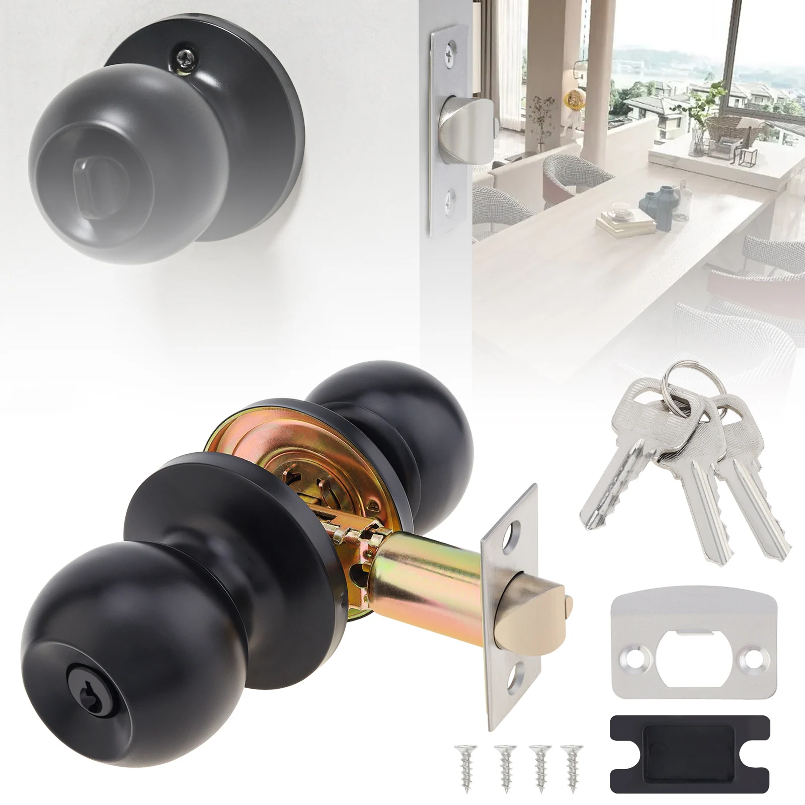 Classic Stainless Steel Matte Black Door Knob Locks for Bathroom Wooden Doors/1.18-1.97inch Thickness with 3 Copper Material Key