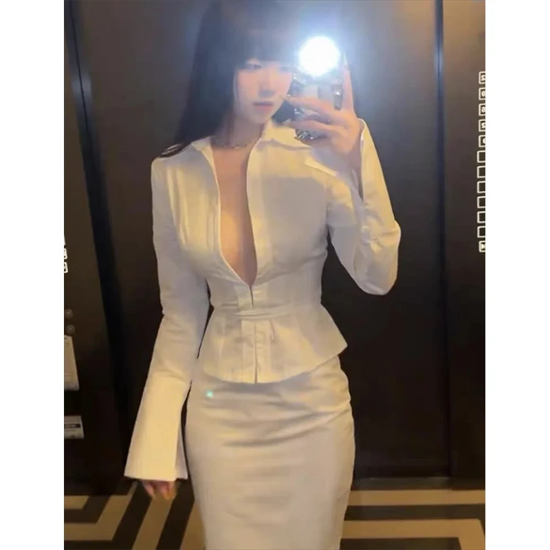 

MEXZT Y2K White Shirts Women Harajuku Aesthetic Sexy Cropped Bandage Blouses Elegant Korean Fashion Long Sleeve Design Slim Tops