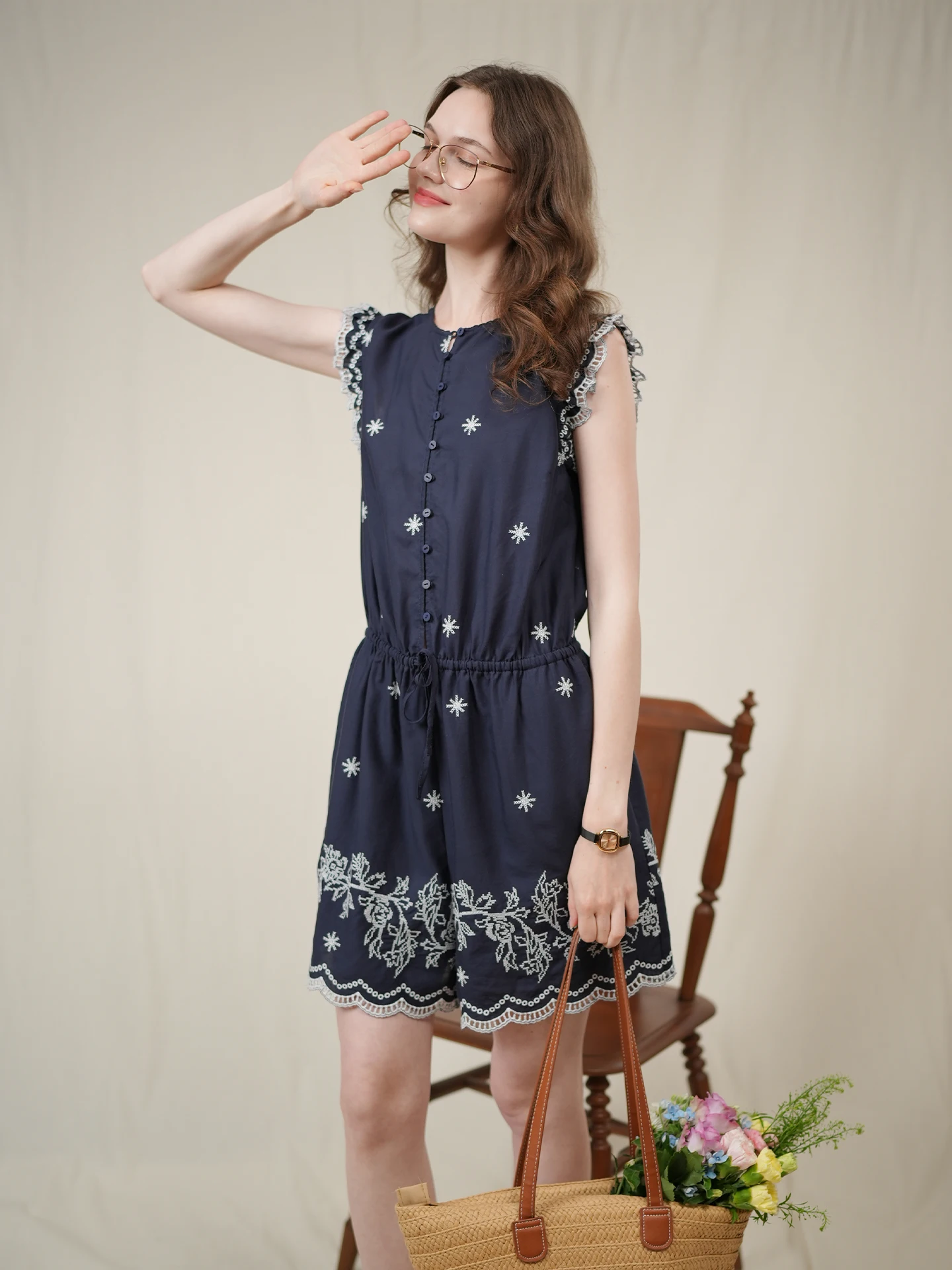 

Retro Embroidered Onesie Linen Ruffle Sleeve Loose Waist High Waist Shorts Women's Summer Fashion Commute Clothing