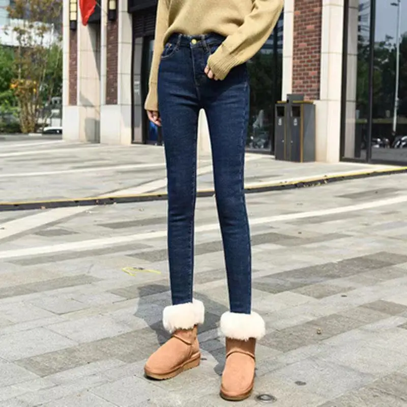 Women\'s Autumn Winter New Fashion Elegant Solid Color Zipper Button High Waist Elastic Casual Versatile Plush Thickened Jeans