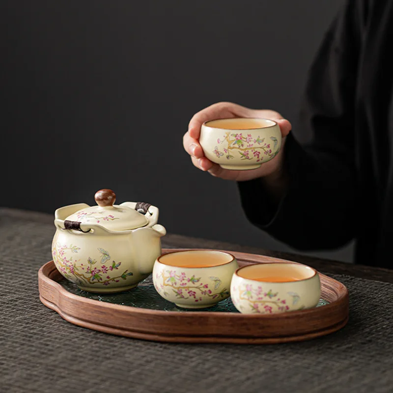 Beige Ru Kiln Handheld Teapot Lid Pot One Anti-scald Bowl Cup Tray Kung Fu Tea Complete Set