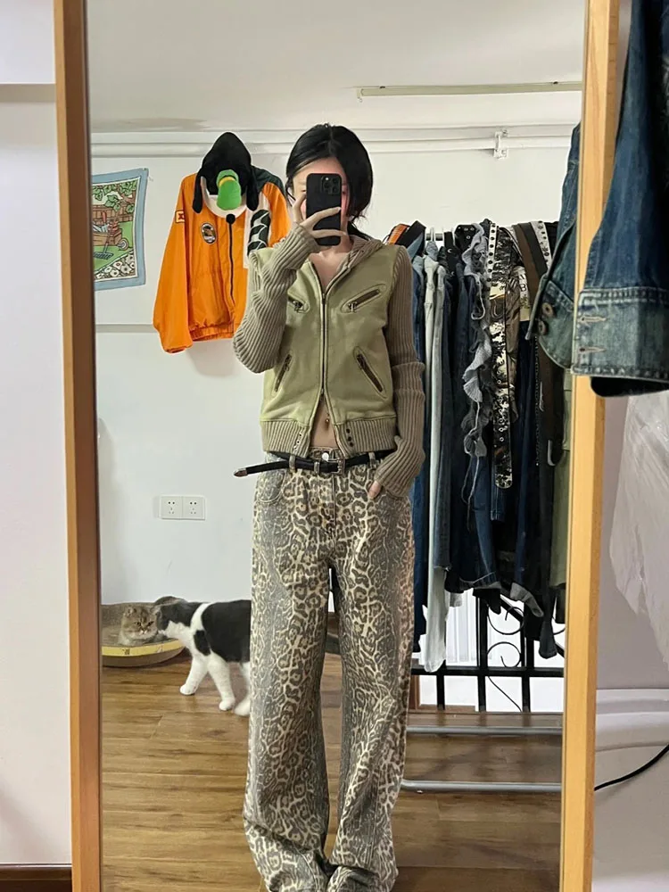 

Korean Leopard Print Jeans Y2k Women 2024 Casual High Waisted Baggy Wide Leg Denim Pants Fashion Streetwear Retro Straight Jeans