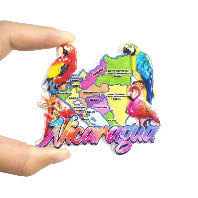 Nicaragua Travel Map Refrigerator Magnet Parrot Flamingo and Regional Landmarks Personalized Souvenir Magnet