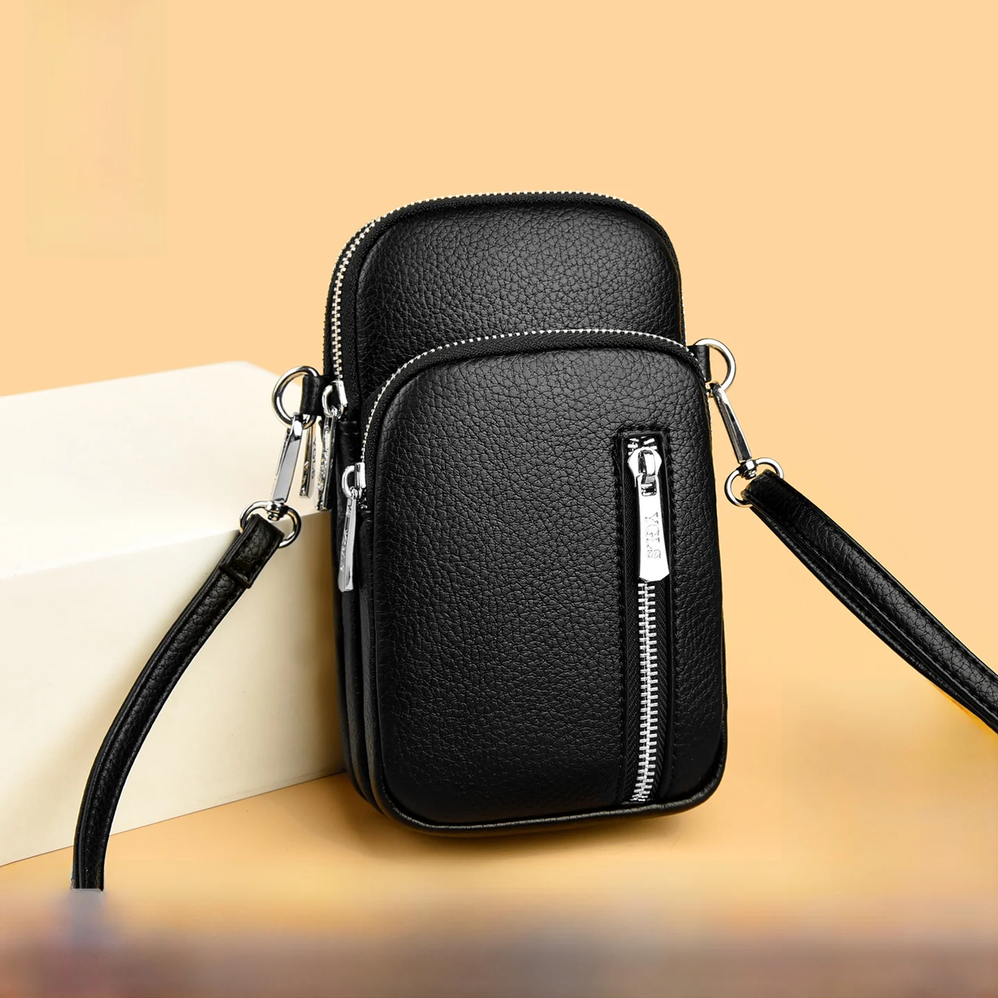 Fashionable Multi-Compartment Vertical Crossbody Bag for Commuting Women Waterproof Anti-Fall Three-Layer Mobile Phone Bag