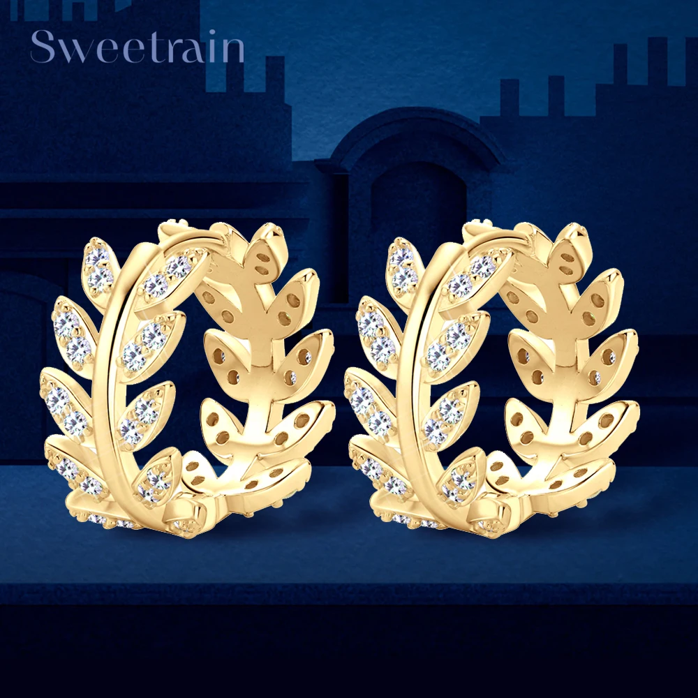 Sweetrain Leaves Full Moissanite Hoop Earrings for Women 18K Yellow Gold Plated 925 Silver Exquisite Earring Girl Birthday Gift