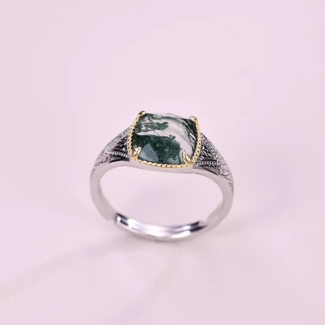 925 Sterling Silver Cushion Gemstone Adjustable Rings For Women Natural 8*8mm Green Moss Agate Texture Fine Jewelry Unique Gift