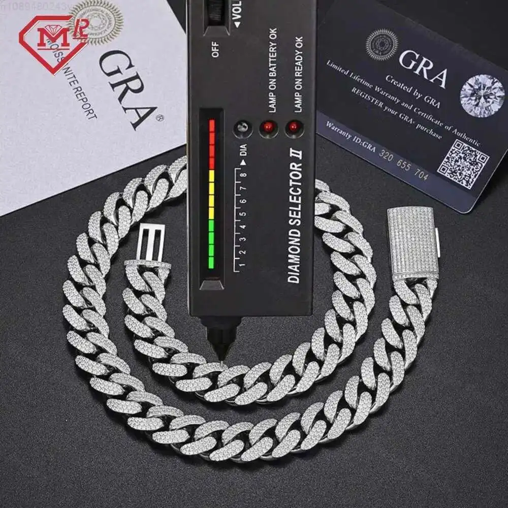 

Классическая кубинская цепочка Iced Out, 15 мм, стерлинговое серебро 925 пробы в стиле хип-хоп, VVS, кубинская цепочка с муассанитом