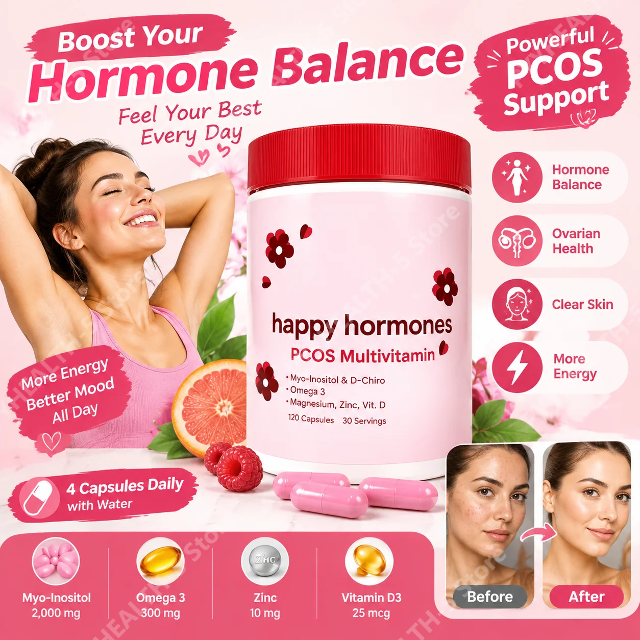 Inositol 40:1 Women's Hormone Balance Supplement with Myo & D-Chiro Inositol Ovarian & Skin Health, Mood & Energy Support 120 Ct