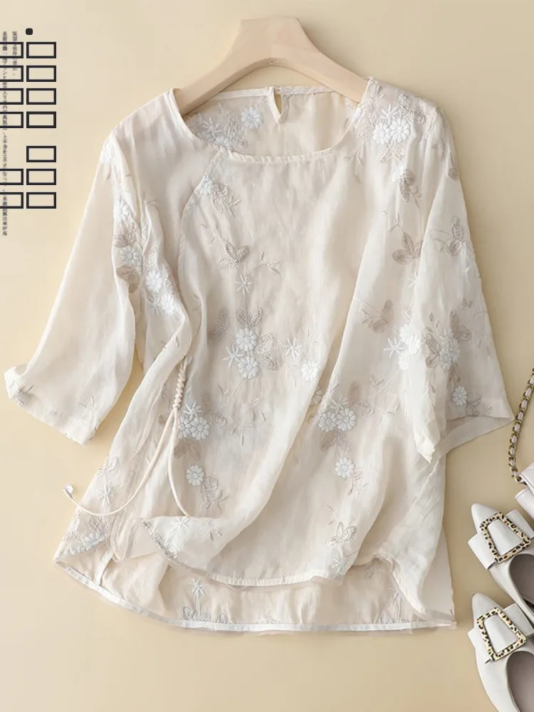 

Casual Embroidered Cotton Linen Women's irt ort Sve Thin Pure Color Loose Fit round Ne Summer Faion Age Reduction