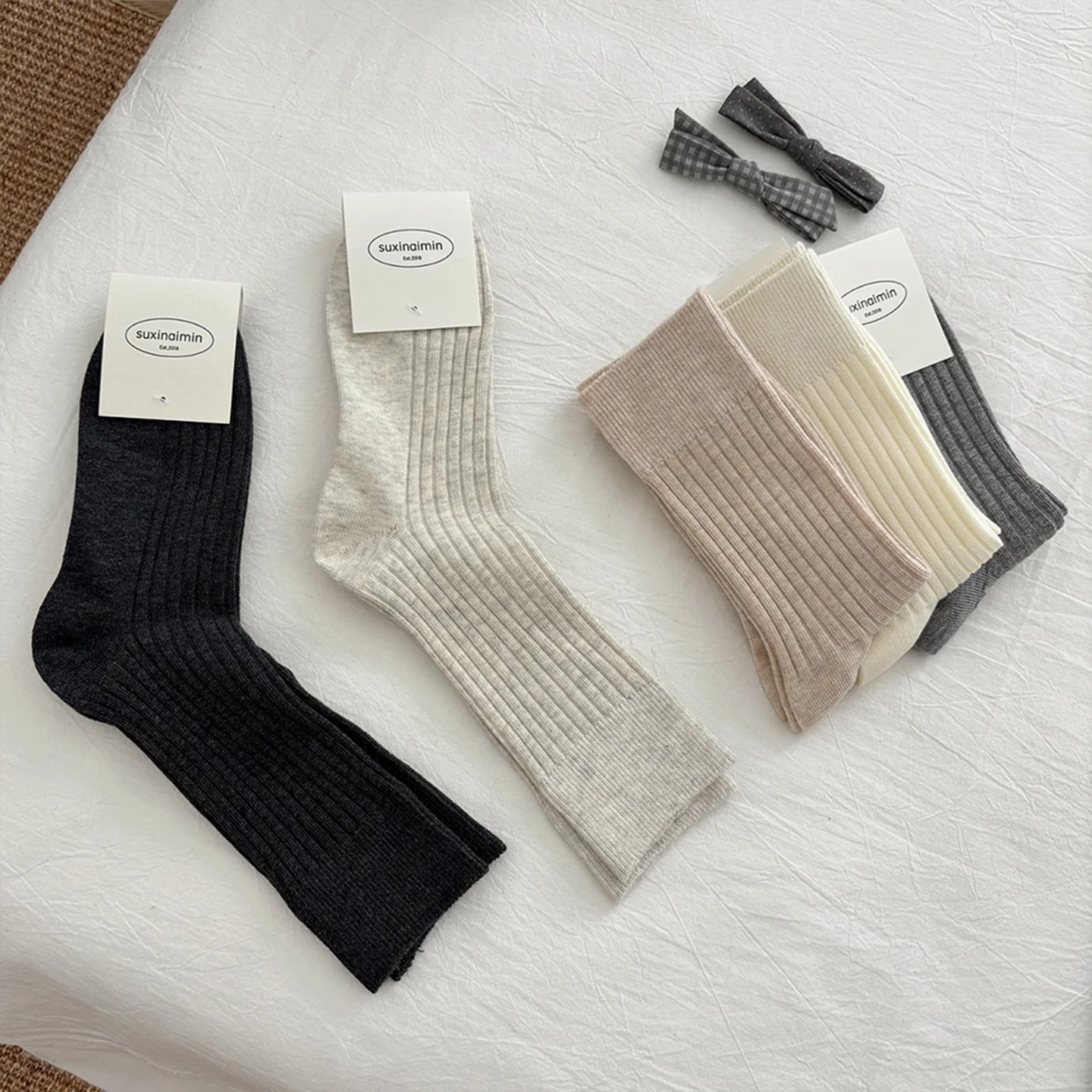 Suxinaimin Mid-calf Socks for Women Salted Butter Multi-color Chunky Socks Japanese Style Suitable for Birkenshoes Long Socks
