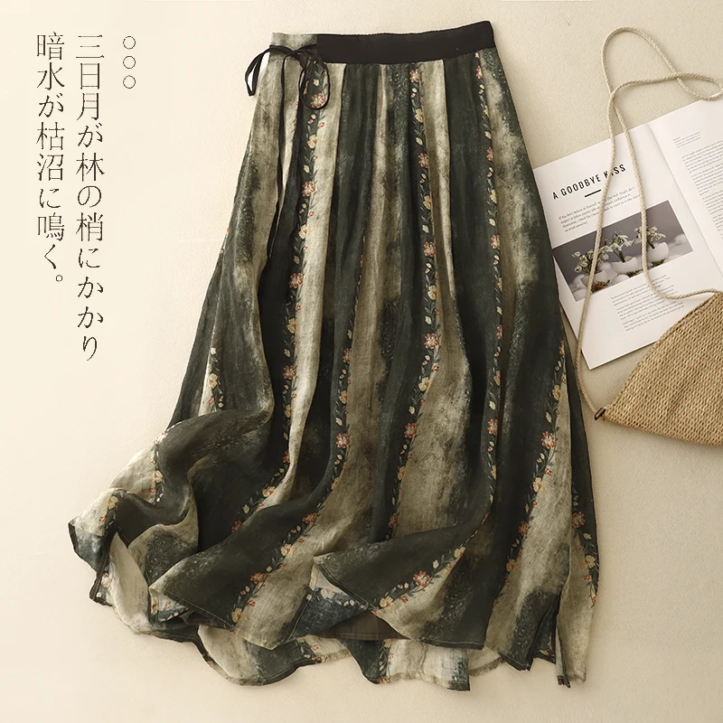 

2024 New Arrival Summer Women Casual Loose Vintage Print High Waist A-line Skirt All-matched Elastic Waist Mid-calf Skirts V446