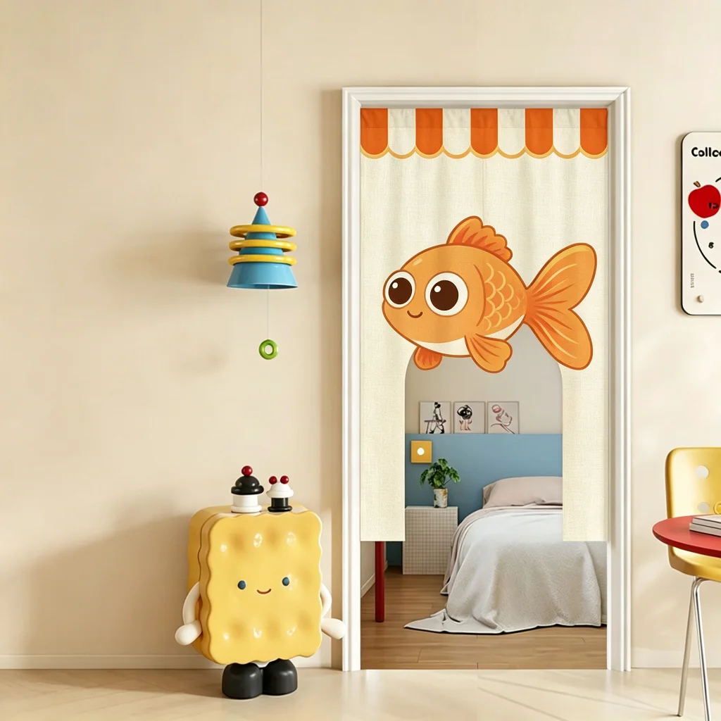 VIKAMA Goldfish Arched Half Door Curtain Kids Room Cotton Linen Short Curtain Privacy Partition Home Decor Bedroom Nursery